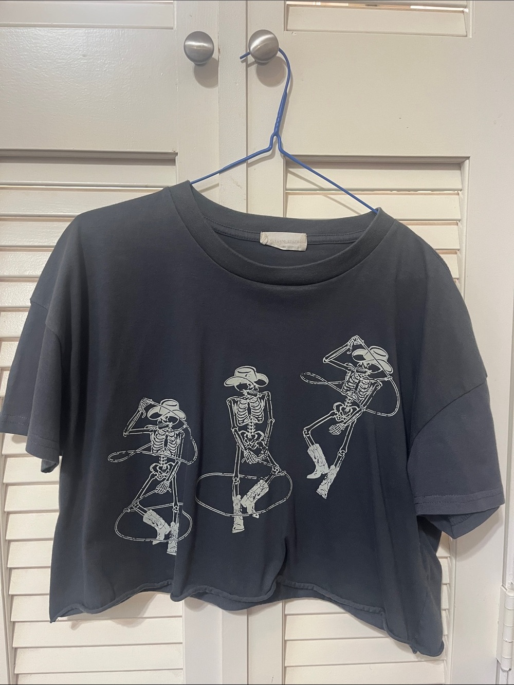 Altar'd State Black Cropped Tee with White Skeleton Cowgirl Print
